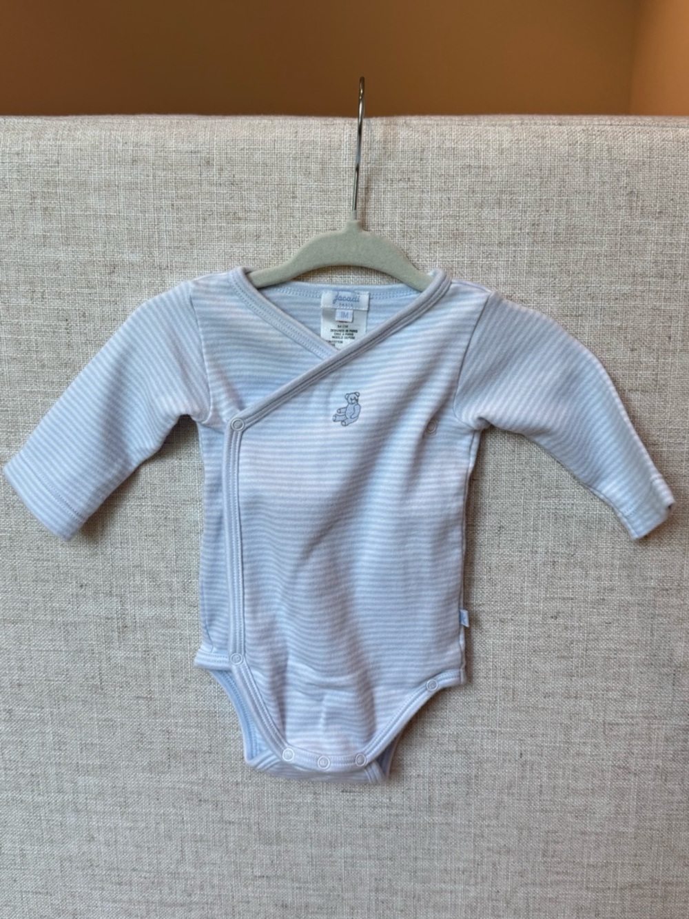 Jacadi Striped Baby Boy Newborn Wrapover Bodysuit Embroidered Teddy Bear
